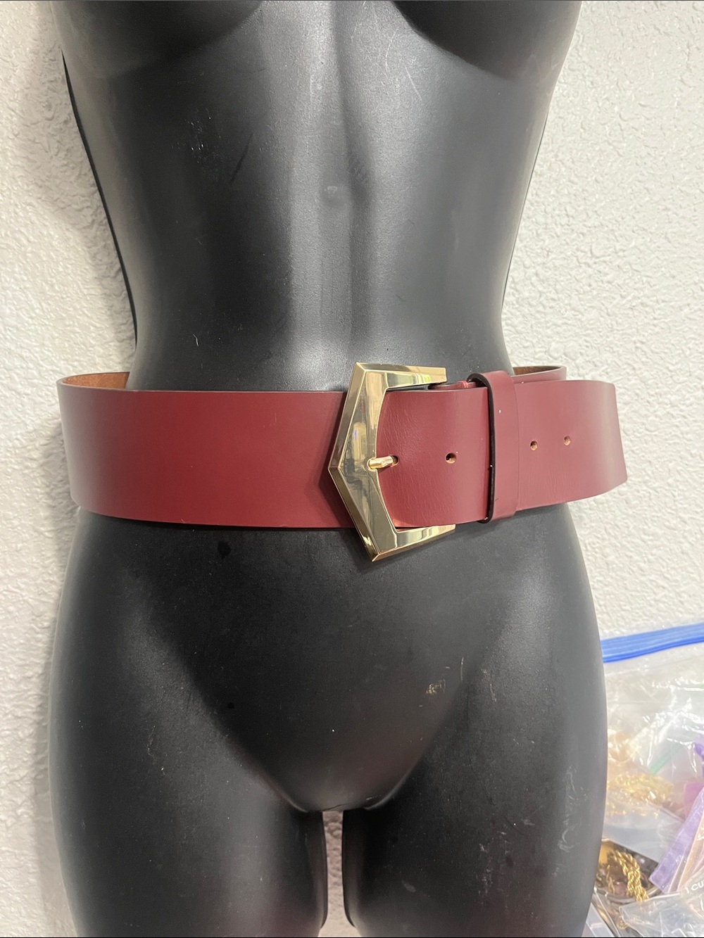 Michael Kors Wide Burgundy Leather Belt with Gold Angular Buckle